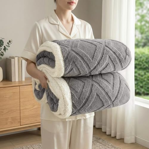 Full Size Reversible Sherpa Fleece Soft Blanket for Bed,Dark Grey,80"x90"