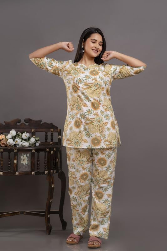 Image of Pure Cotton Printed Night Suit Top and Pyjama Set for Women's Night Dress of Shirt & Pyjama Set for Womens
