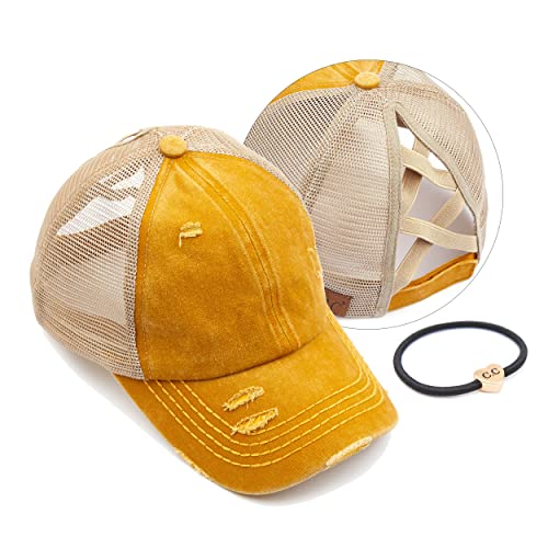 Image of C.C Exclusives Hatsandscarf Washed Distressed Cotton Denim Ponytail Hat Adjustable Baseball Cap (BT-13)