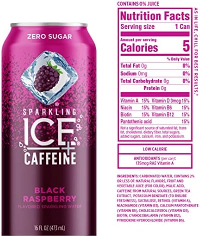 Sparkling Ice +Caffeine Black Raspberry Sparkling Water, with Antioxidants and Vitamins, Zero Sugar, 16 fl oz Cans (Pack of 12)