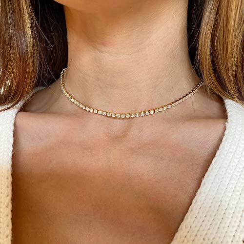 Tewiky Tennis Necklace 14K Gold Plated/Silver Sparking Rhinestone Choker Necklaces Dainty Crystal Cubic Zirconia Bridal Wedding Jewelry for Women2