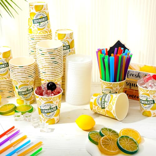 Meanplan 300 Pieces/100 Sets Lemonade Cups with Lids and Straws Disposable Cups for Party Decorative Lemon Paper Cup Lemonade Stand Supplies for Water Juice Kitchen Coffee Birthday Decorations (9 oz)