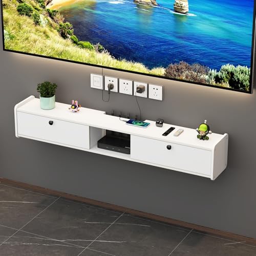 Meuble TV mural flottant avec étagère décodeur et gestion des câbles salon