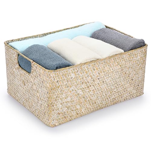 IGNPION Panier de rangement en jonc de mer tissé rectangulaire pour salle de bain, étagères et bureaux, panier de rangement décoratif multi-usage, blanc blanchi,...