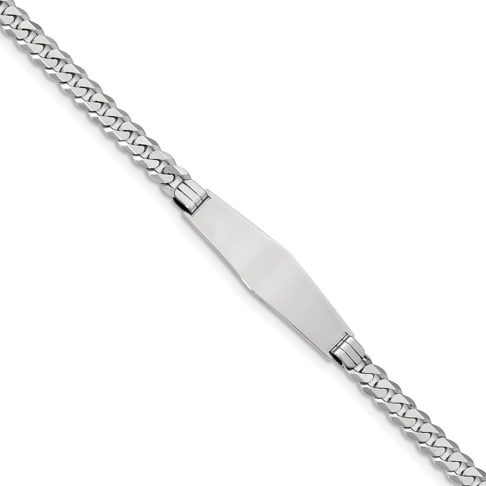 Solid 14k White Gold Flat Curb Cuban Link Soft Diamond-Shape ID Bracelet Engravable Identification Name Bar Tag - with Secure Lobster Lock Clasp 7" (Width = 10mm)