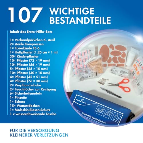 WALSER Premium Mini Erste-Hilfe-Set für Zuhause, wasserfeste Verbandstasche 2026, handliches Notfall-Set mit 107 Teilen, kompaktes First Aid Kit, Reiseapotheke Set, Mini Verbandskasten blau