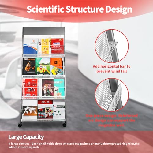 Umisu Magazine Rack Floor Standing, 4-Layer Brochure Display Rack Magazine Holder Tiered Design with Wheels,Magazine Display Rack,Suitable for Exhibitions,Shopping Malls,Art Studio,Offices-Silver