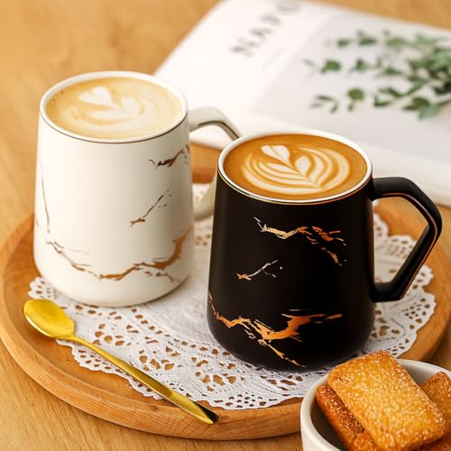 ZENFUN 2 Pack Ceramic Mug Set for Couple, Coffee Mugs with Gift Box, Engagement Wedding Gift 13.5 oz Porcelain Mug Set with Lid and Gold Spoon Marbling, His and Hers, Christmas( Black&White) - Image 6