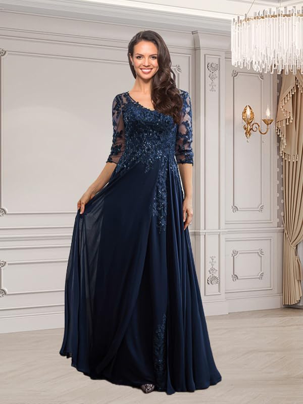 Sequins Mother of The Bride Dresses for Wedding with Sleeves Long Chiffon Lace Appliques Formal Evening Dresse2