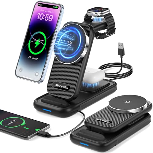 4 en 1 Cargador Inalámbrico,Plegable y Extraíble Wireless Charger, Estación de Carga con Cargador Rápido de 15 W con Cable, Base Cargador para Phone, Samsung, AirPods Apple Watch Ultra Series