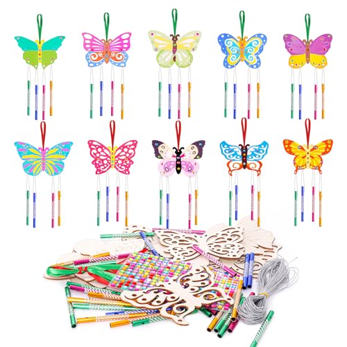 Werownsgso 10tlg Schmetterling Stil Handwerk Set, Schmetterling Holz Handwerk Set, DIY Windspiel Bastelse Set mit 40 Windspiele，Geschenke für Geburtstag Frühling Gekritzel Gartende