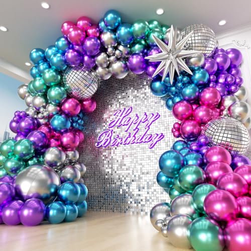 PTGOLUO Disco Balloon Garland Arch Kit 151Pcs with Disco Balloon, Metallic Purple Blue Hot Pink Green Silver Chrome Balloon, Kpop Balloons Arch Kit for Birthday Singer Themed 80s 90s Neon Party Decor