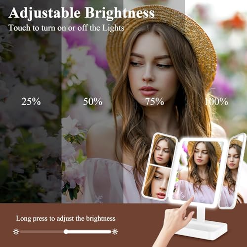 Image of KREZON Portable Folding Makeup Mirror with Storage Compartments and Led Light for Girls Women at Home, Trifold Vanity Mirror with Lights Dressing Table Tabletop
