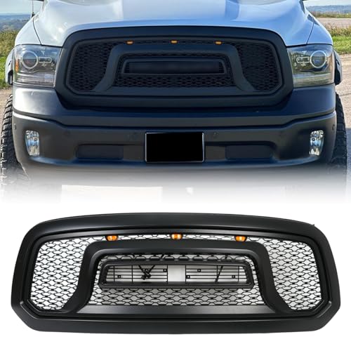 BDBO Front Grill Compatible With Dodge Ram 1500 2013-2018 & Dodge Ram 1500 Classic 2019-2023 Matte Black Front Bumper Grille With Accessories/Letters