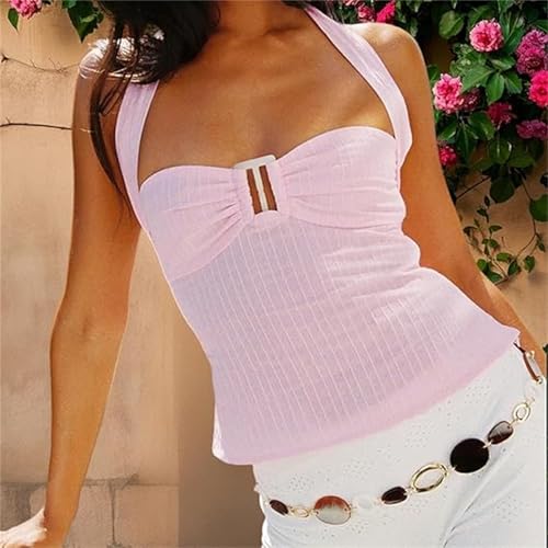 Thopavenoir Women Y2k Halter Sweetheart Neck Tank Tops Sleeveless Buckle Decor Ruched Vest Bodycon Backless Cutout Camisole2