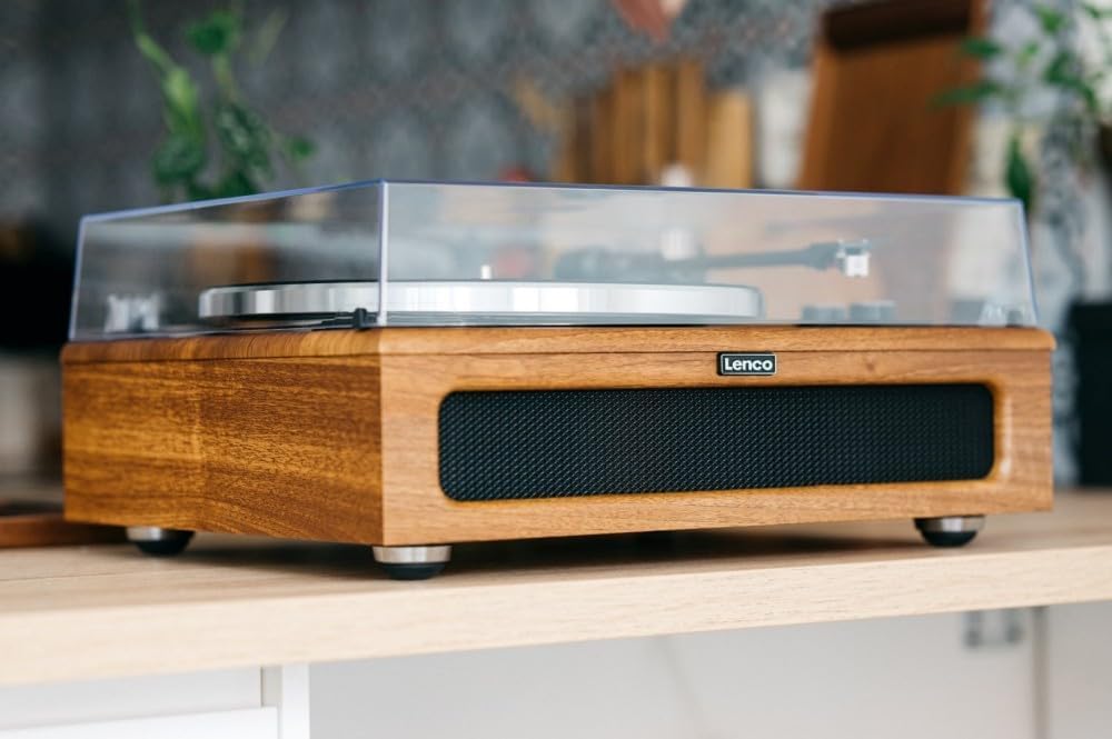 Lenco LS-410 Giradischi Bluetooth z głośnikiem 40W RMS, wzmacniaczem, RCA, AUX-in, drewniany brązowy