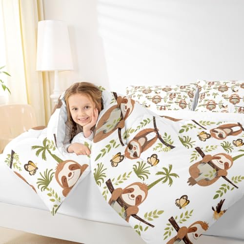 Image of Feelyou Sloth Comforter Set Twin Size, Cartoon Sloth Comforter Set Kawaii Animals Comforter Kids Toddler Botanical Branches Duvet Set with 1 Pillow Case