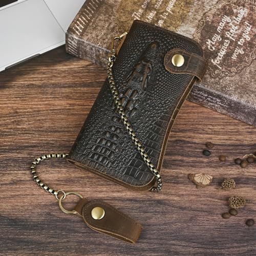 Genuine Crazy Horse Leather Travel Gift Coin Pocket Card Case Long Organizer Chain Rfid Wallet Purse With Snap For Men Male 1088 (1088 Dark Brown-Crocodile)2