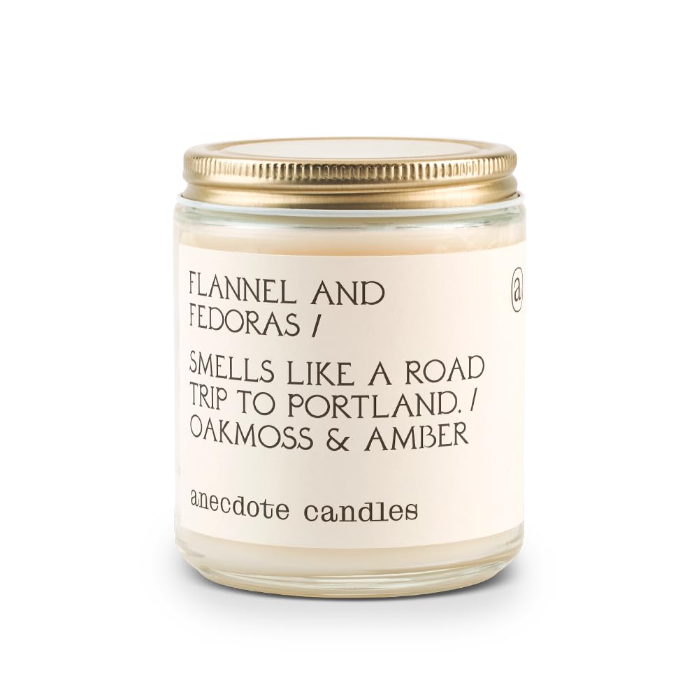 Anecdote 'Flannel & Fedora' Coconut Soy Wax Candle Jar | Premium Hand Poured & Long Burning | Oakmoss & Amber Scent | Phthalate-Free | for Home, Office, Gift - 7.8 Oz