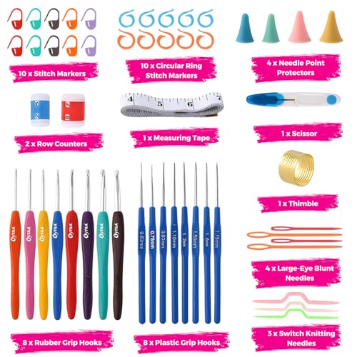 Image of Oytra Crochet Kit 52 Pieces for Beginners with Ergonomic Hooks Knitting Needles Stitch Markers Yarn Needles & Accessories Starter Kit for Adults Kids & DIY Craft Lovers