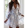 Dokotoo-Womens-Spring-Summer-Deep-V-Neck-Ruffle-Long-Sleeve-Floral-Print-Mini-Dress Dokotoo Womens Sun Casual V Neckline Long Sleeve Open Back Floral Print Mini Dress Bohemian Fashion Skater A Line Ruffle Hem Beach Dresses White Medium