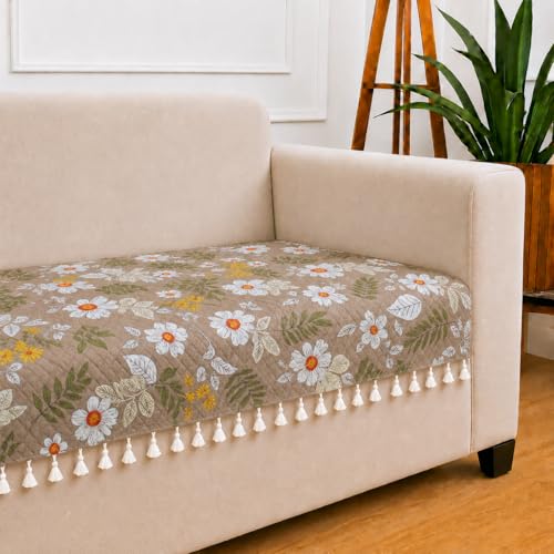 Image of STITCHNEST 'Frostvine Collection' 1 Seater Sofa Cover| Cotton Quilted Fabric, Decorative Tassels, Washable & Durable for Modern Living