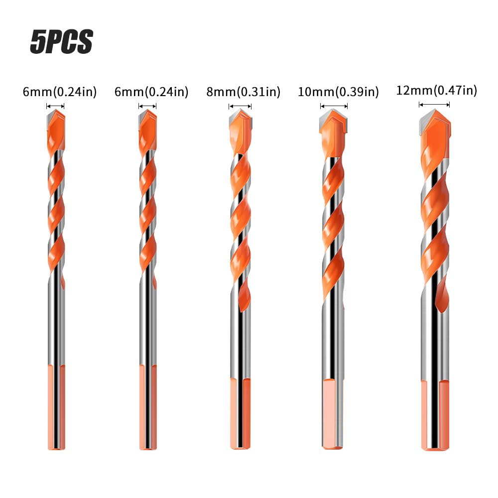 Set Punte da Trapano per Muratura 1-10PCS Punta in Carburo per Cemento Mattone Piastrelle Metallo Vetro Legno Trapano a Percussione 3-12mm(5-PieceSet6+6+8+10+12)