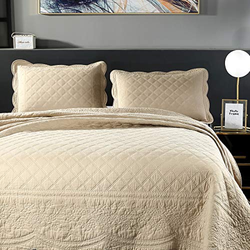Vctops 100% Cotton Floral Embroidered Quilt Set 3-Piece Oversize Queen Size Reversible Diamond Pattern Quilted Bedspread Coverlet Bed Cover (Oversize Queen,Khaki) #TOP24