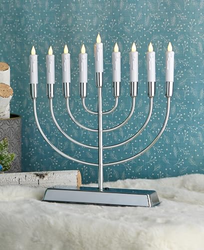 Menorah with 9 Taper Candles, Metal Base, Battery Operated