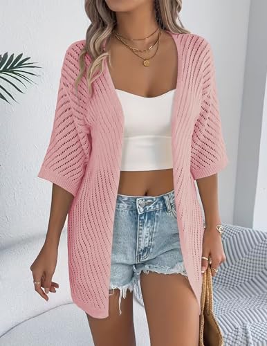 Image of Zeagoo Lightweight Summer Cardigan for Women Short Sleeve V Neck Crochet Kimonos Loose Open Front Hollow Out Cover Ups