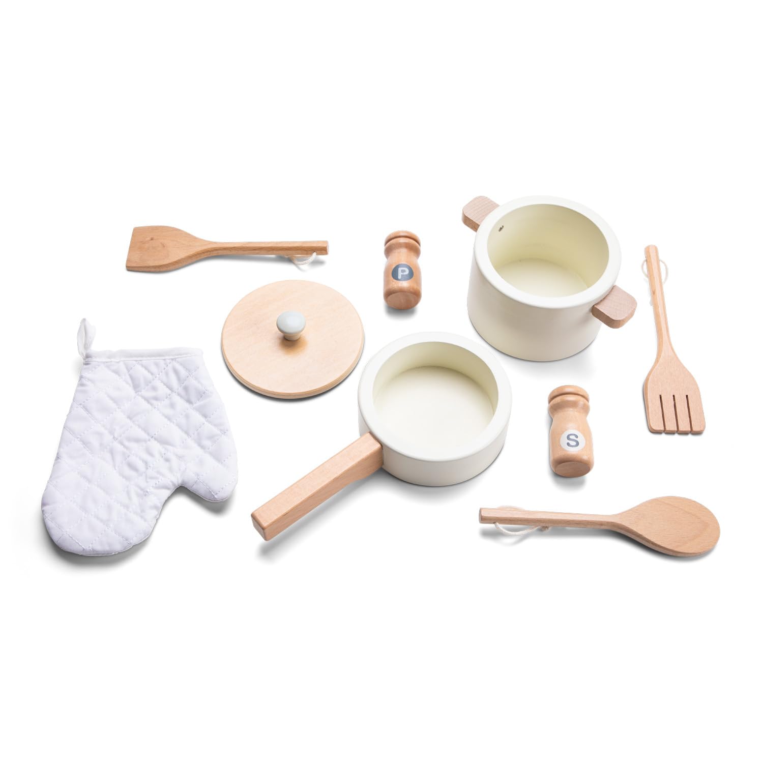 Woet Holzspielzeug Spielküche für Kinder Off-White mit Küchenzubehör Rattan-Details ab 3 Jahren