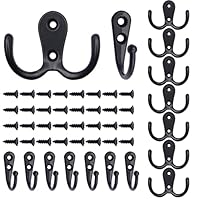 VEGCOO 16 Pcs Coat Hooks, 8 Pcs Double Prong Robe Hooks & 8 Pcs Single Coat Hooks with 32 Screws for Door & Wall, Heavy Duty Metal Door Hooks Clothes Towel Hooks for Hanging Robe Coat Bag Hat (Black)