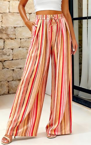 Image of PRETTYGARDEN Womens Pants Elastic Waist Floral Lightweight Palazzo Pants for Women Casual Lounge Wide Leg Pants Woman