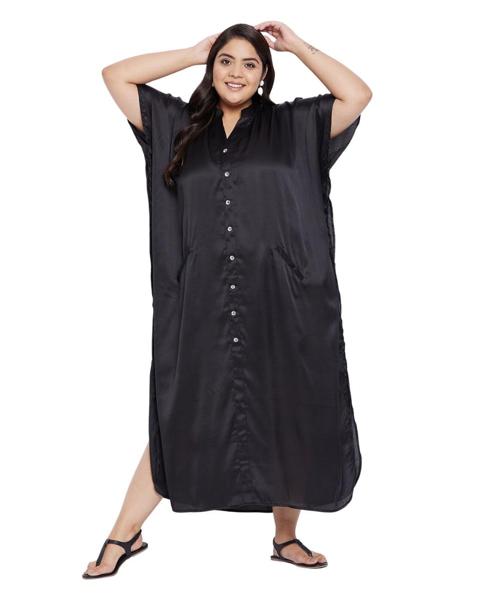 Gypaise Blu Plus Size V-Neck Long Maxi Loungewear Kaftan Cover Up for Women