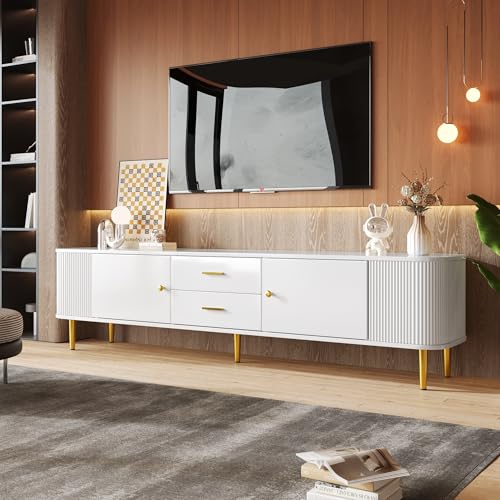 DEECOZY TV-Schrank 170x34x45 cm, Modernes Wohnzimmer, Gewellte Seiten, Abgerundete Ecken, 2 Türen & 2 Schubladen, Goldene Griffe/Beine, Hochwertiges MDF, sicher & funktional, Weiß