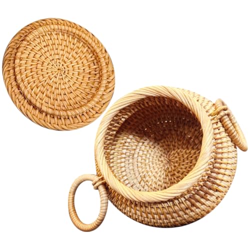 GLEAVI Cesta de Almacenamiento Tejida de Mimbre Natural con Tapa Cesta Multiusos para Escritorio y Hogar Organizador Decorativo para Cosméticos y Objetos Pequeños