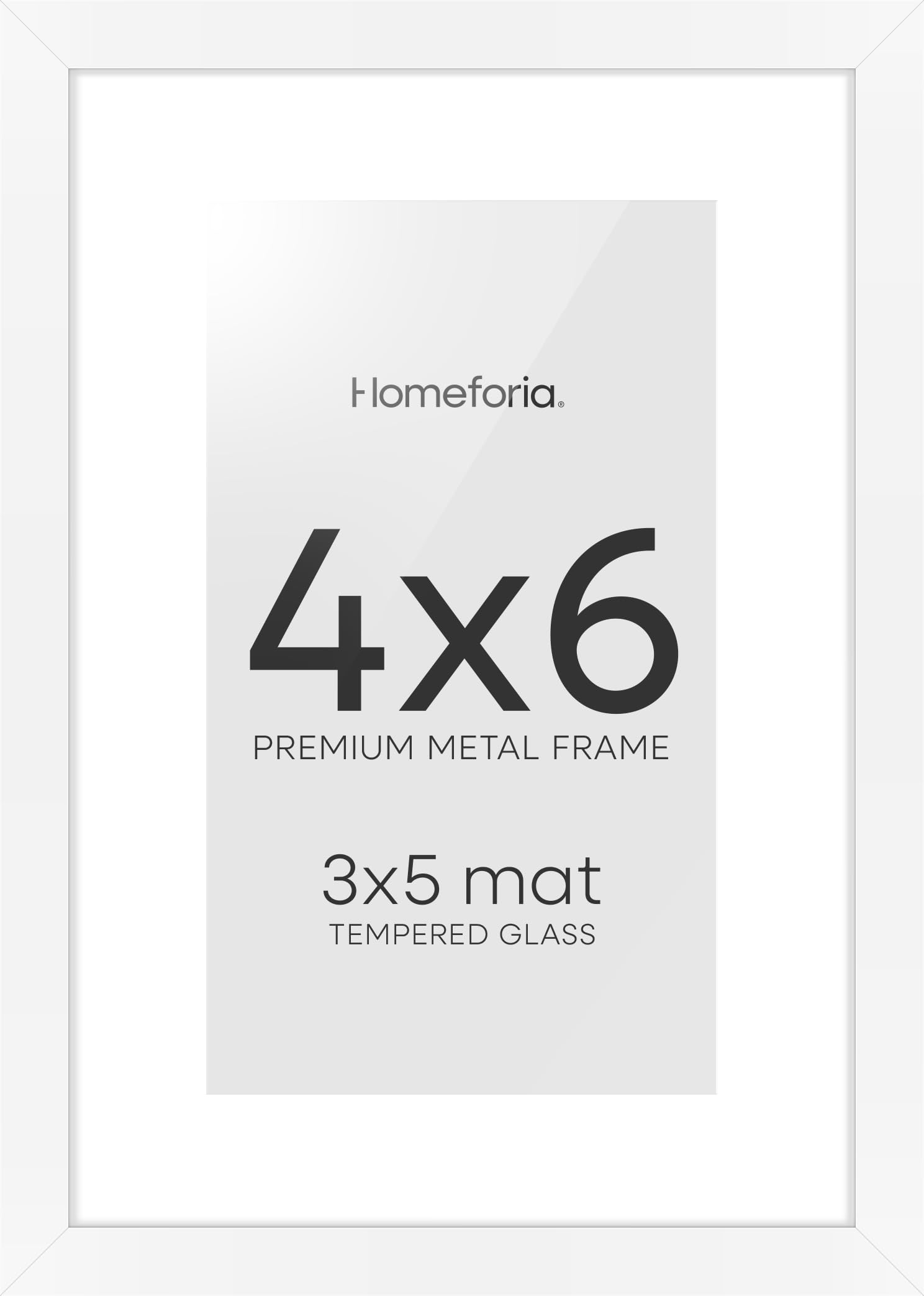 Homeforia 4x6 White Picture Frame, High-End Metal, 3x5 Mat, Glass | High End Aluminum, Tempered Glass, Acid-Free 3x5 Removable Mat, 4x6 in Edge-to-Edge Display 6x4, Wall Kit, Set Of 1
