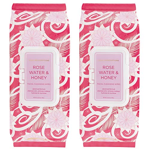 Body Prescriptions Rose Water and Honey Face Wipes & Makeup Remover Wipes - 2 Pack (60 Count Each) of Gentle Facial Cleansing Wipes â€“ Flip Top Pack