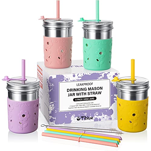 Kids & Toddler Cups with Straw - 4 Pack Spill Proof 10 OZ Stainless Steel Tumbler with Sleeve +4 Leak Proof Lid +8 Silicone Straw with Stopper, BPA FREE Mason Jar Baby Christmas Gift Smoothie Drinking