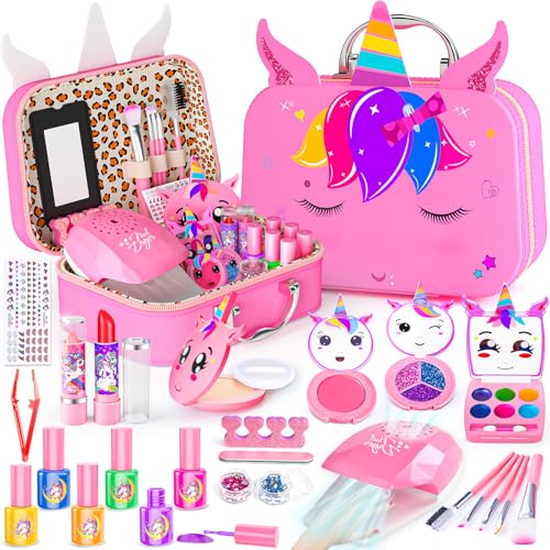 Kids Makeup Kit for Girl - 2 In 1 Kids Washable Makeup Toys & Nail Art Kits with Nail Dryer and Cosmetic Case, Princess Dress Up Set for Girls, Real Girls Makeup Set for Ideal Gifts Toys for 3-12 Year
