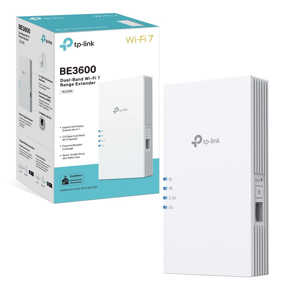 TP-Link WiFi 7 RE220BE Ripetitore WiFi Dual-Band BE3600Mbps, 1 Porta Gigabit, Potente per Casa, Compatibile con Tutti i Box Internet, 160 MHz, MLO, 4K-QAM, Multi-Rus