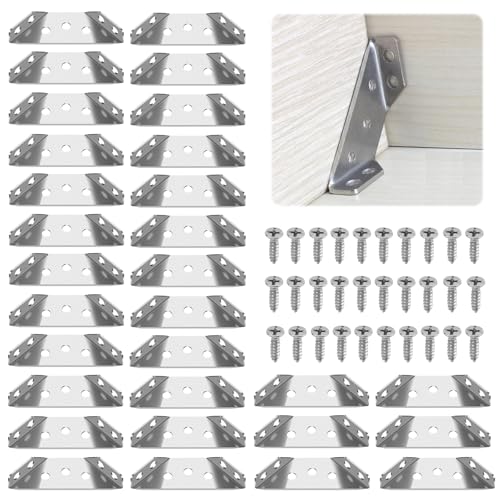 Escuadras Metalicas, 30 Piezas Angulos Cantoneras Metalicas, Soportes Triangular Escuadras de Acero Inoxidable con 210 Tornillos, Angulos Metalicos para Sujeción, Fijación y Mantenimiento de Muebles