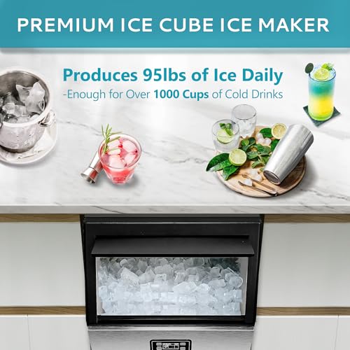 EUHOMY Commercial Ice Maker Machine - 95lbs Daily Production, 33lbs Ice Storage, Stainless Steel Freestanding & Under Counter Ice Maker, Ideal Ice Maker for Home/Bar/Restaurant/Outdoor Activities