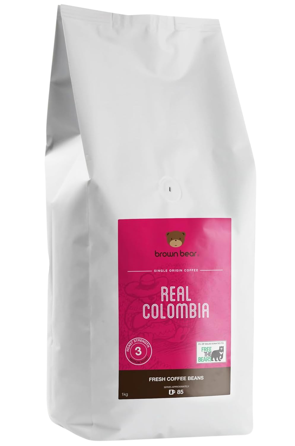 Colombian Coffee Beans 1kg - Medium Roast - Brown Bear Colombia Arabica Coffee - Suitable For All Machines - Strength 3 - Donation to Free The Bears - Columbia