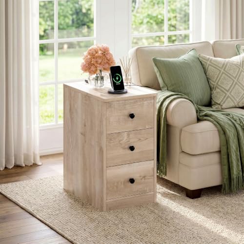 Image of LIKIMIO Nightstand with Charging Station, 3 Drawers Modern for Bedroom