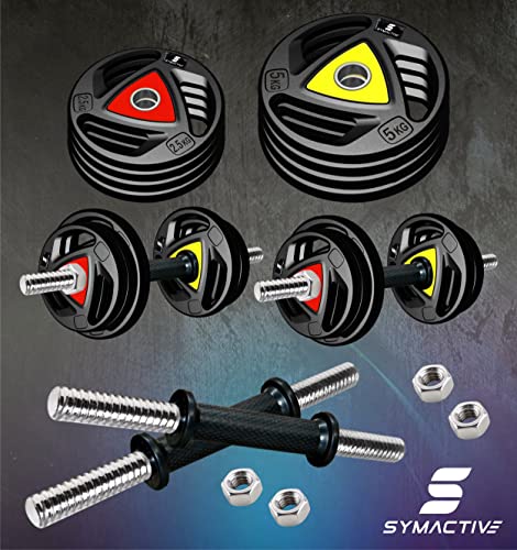 Image of Amazon Brand - Symactive Professional Metal Integrated Rubber Adjustable 30 Kg Dumbbells Fitness Kit for Full Body Workout (2.5x4 + 5x4 Kg Rubber Weight, 14'' Dumbbell Rods Pair & Nuts), Multicolor