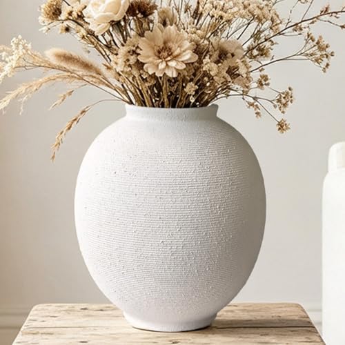 White &Amp; Round Ceramic Vase Home Decor, Large Farmhouse Table Vases Rustic Living Room Entrway Kitchen Bedroom Decorations， Minimalist Hand-Made Textured Vase (9.8”H Sandstone White)