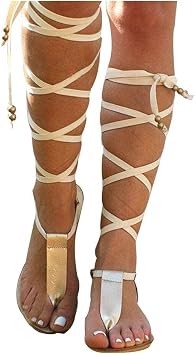 ZBYY Women Gladiator Beach Sandals T-Strap Flat Strappy Knee High Crisscross Shoes Open Toe Lace Up Flip Flops Sandals