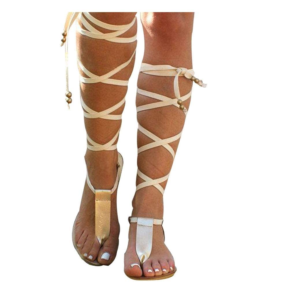 ZBYY Women Gladiator Beach Sandals T-Strap Flat Strappy Knee High Crisscross Shoes Open Toe Lace Up Flip Flops Sandals