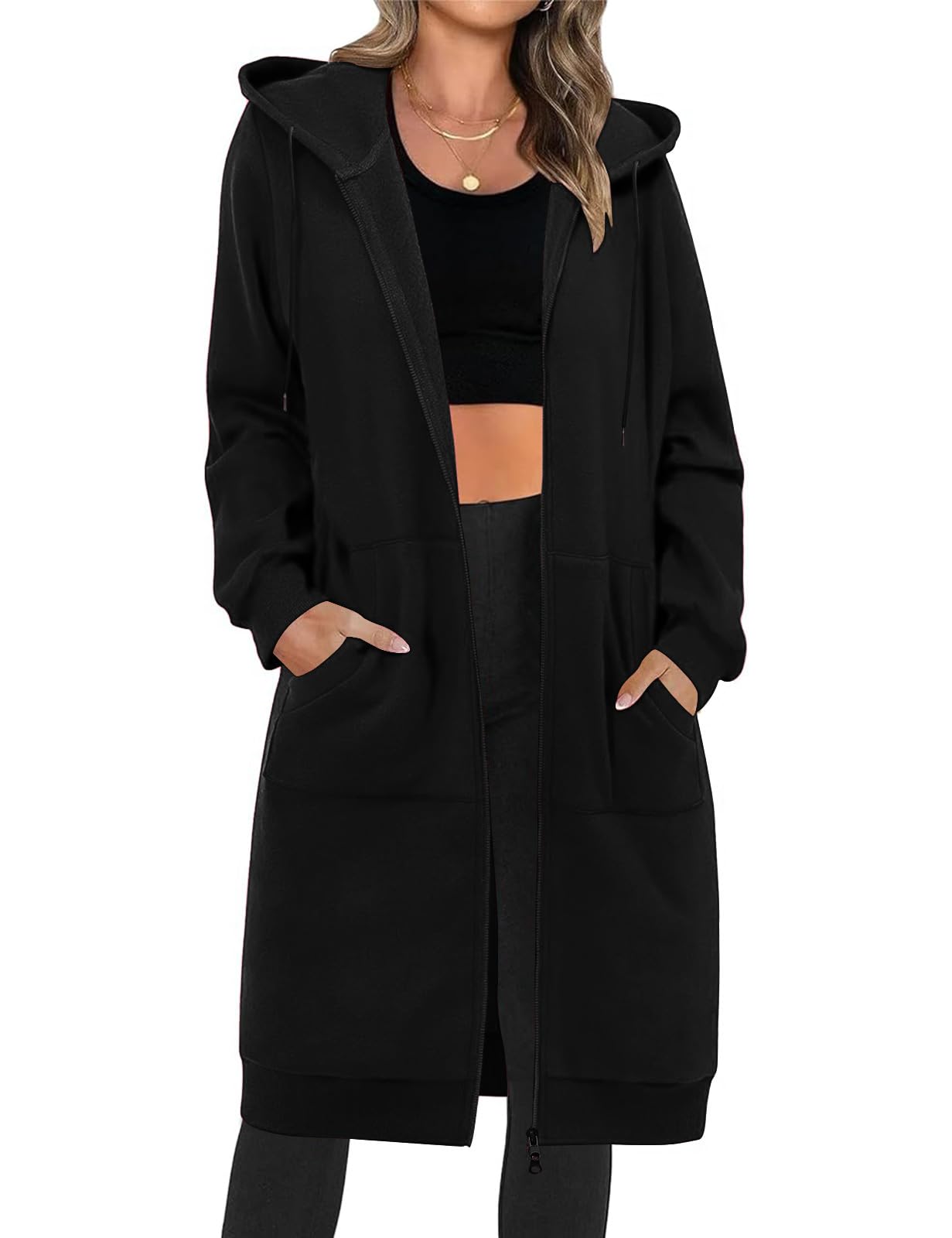 Vancavoo Fleecejack voor dames, lange winterjas, sweatjack, capuchonjas, ritssluiting, capuchon, losse jas, effen, sweatshirt, lange mantel, cardigan, outwear, met zakken, zwart, L